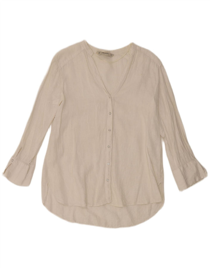 Zara Womens 3/4 Sleeve Shirt Blouse UK 14 Medium White Linen