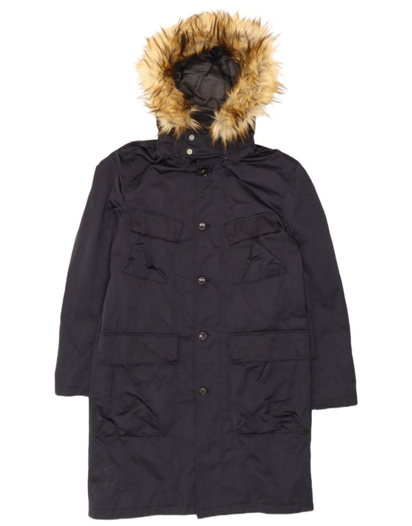 Zara Mens Hooded Parka Jacket UK 40 Large Black Polyester