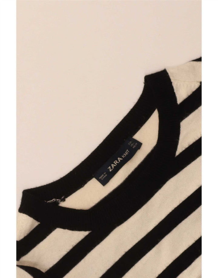 Zara Womens Crew Neck Jumper Sweater UK 14 Large White Striped