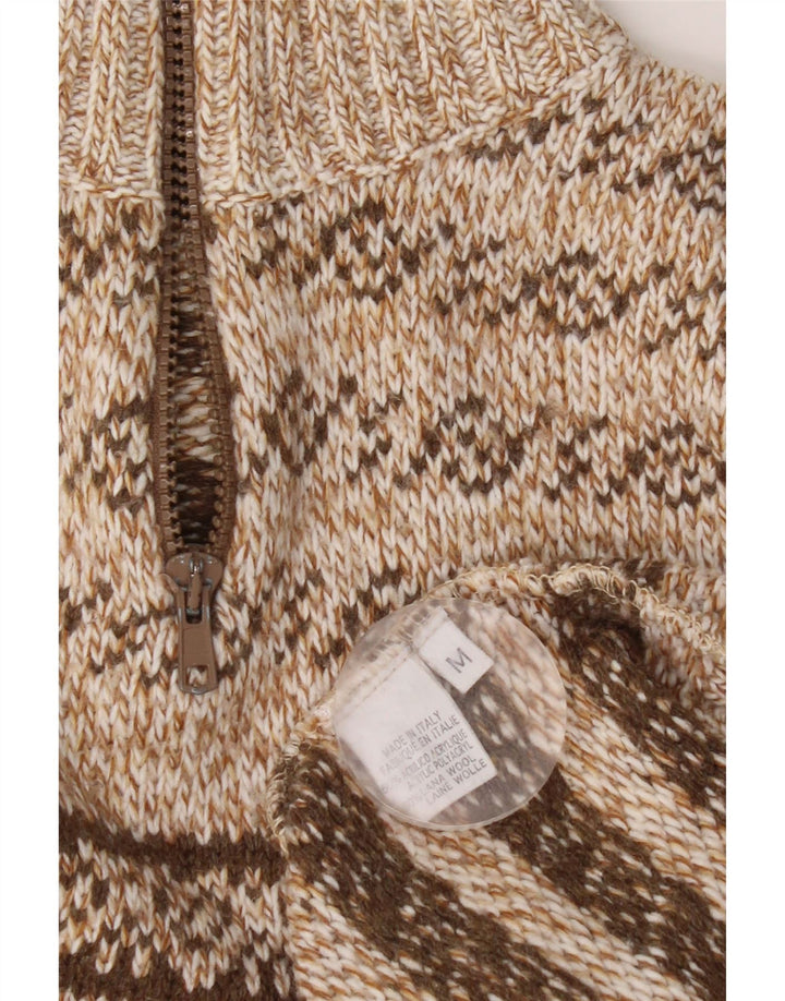 Vintage Mens Zip Neck Jumper Sweater Medium Brown Fair Isle Acrylic