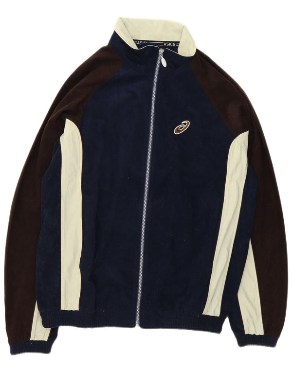 Asics Mens Velour Tracksuit Top Jacket Large Navy Blue Colourblock