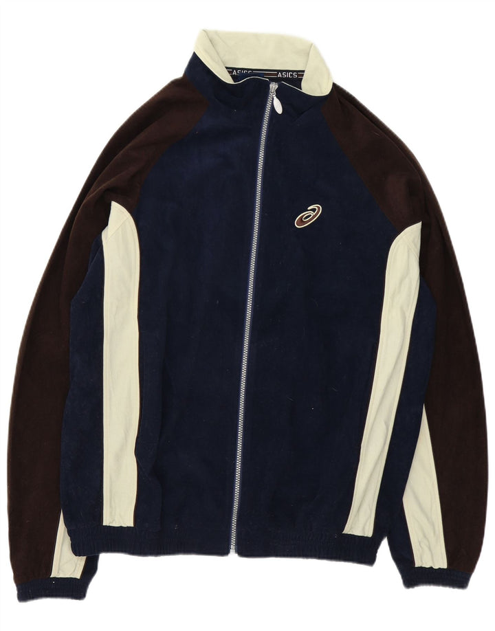 Asics Mens Velour Tracksuit Top Jacket Large Navy Blue Colourblock