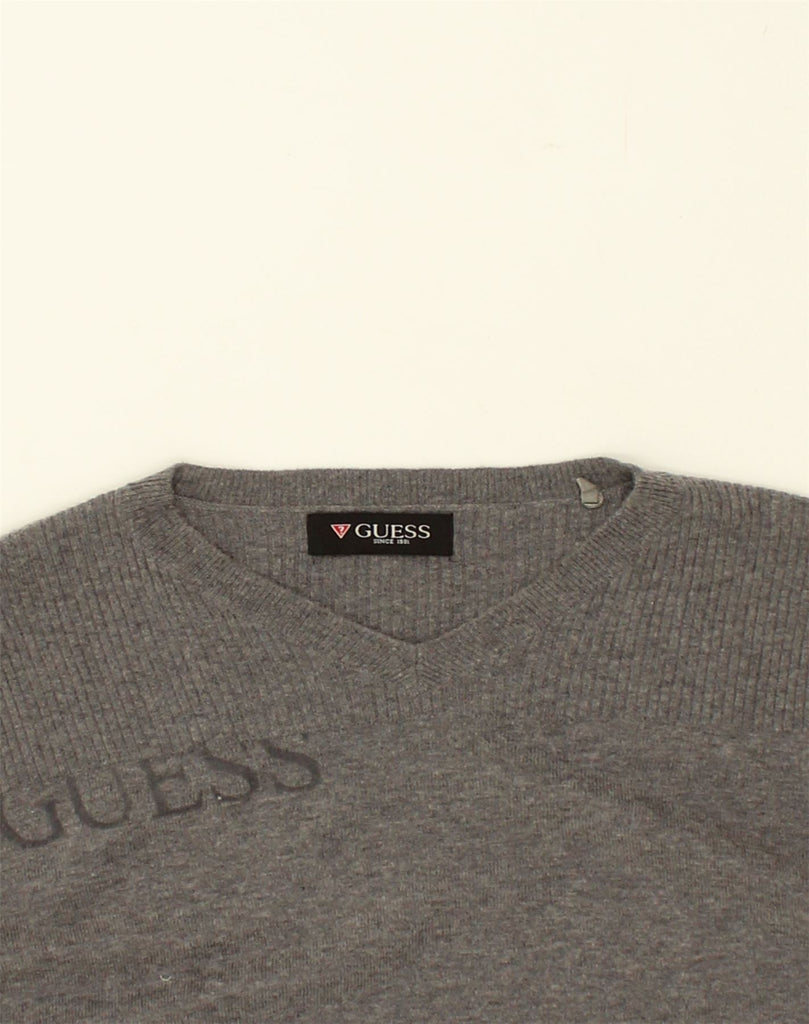 GUESS Mens Graphic V-Neck Jumper Sweater Small Brown Polypeptide | Vintage Guess | Thrift | Second-Hand Guess | Used Clothing | Messina Hembry 