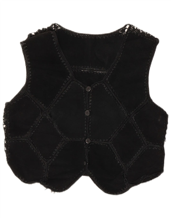 Vintage Womens Crop Suede Waistcoat UK 12 Medium Black