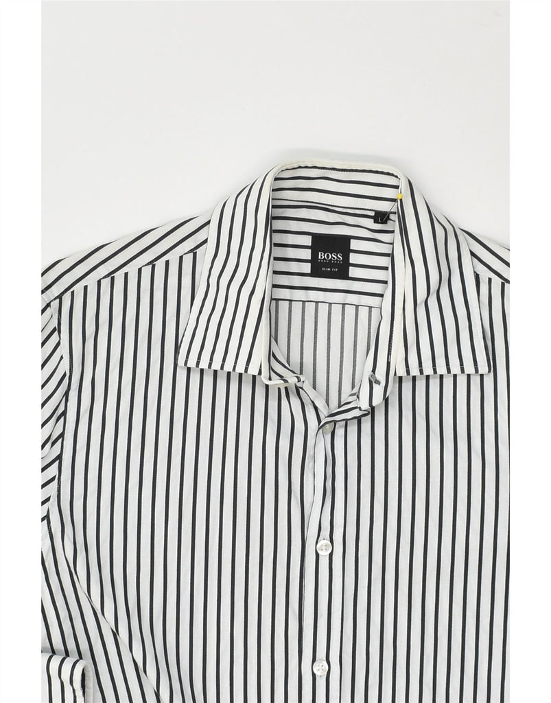 HUGO BOSS Mens Slim Fit Shirt Large White Striped Cotton | Vintage Hugo Boss | Thrift | Second-Hand Hugo Boss | Used Clothing | Messina Hembry 