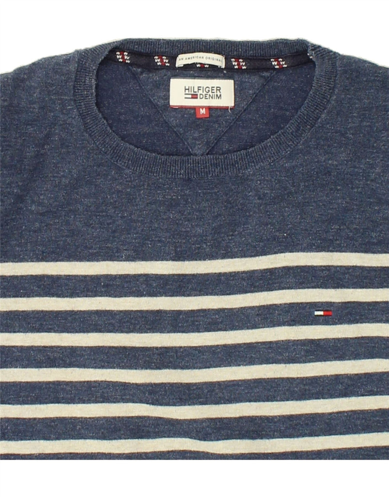 TOMMY HILFIGER Mens Crew Neck Jumper Sweater Medium Navy Blue Striped | Vintage Tommy Hilfiger | Thrift | Second-Hand Tommy Hilfiger | Used Clothing | Messina Hembry 