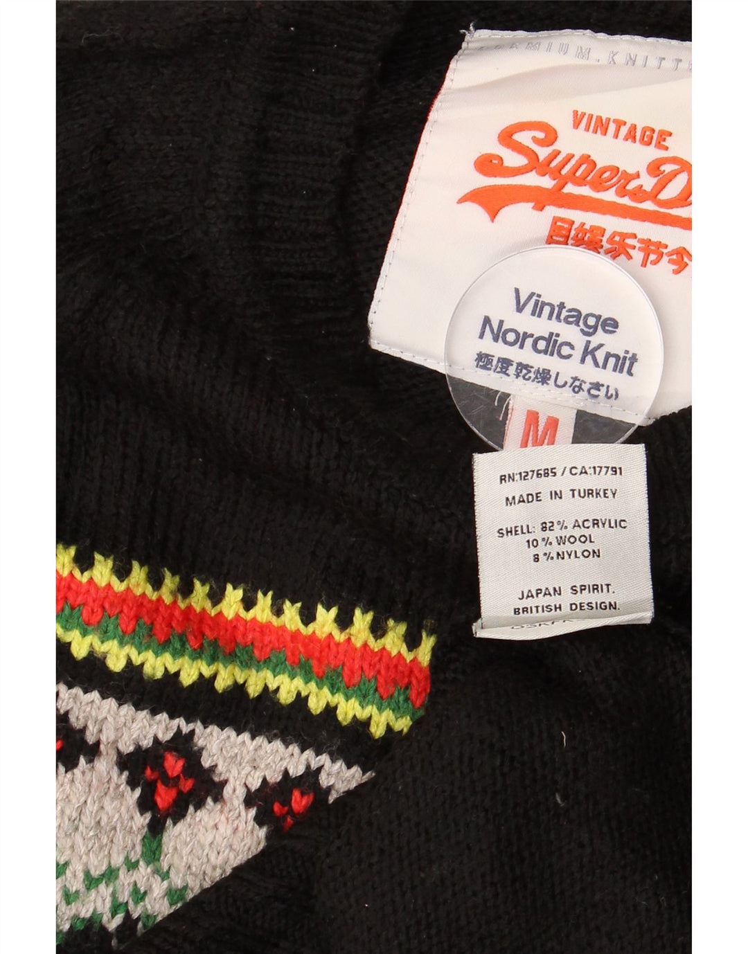 SUPERDRY Mens Crew Neck Jumper Sweater Medium Black Fair Isle Acrylic