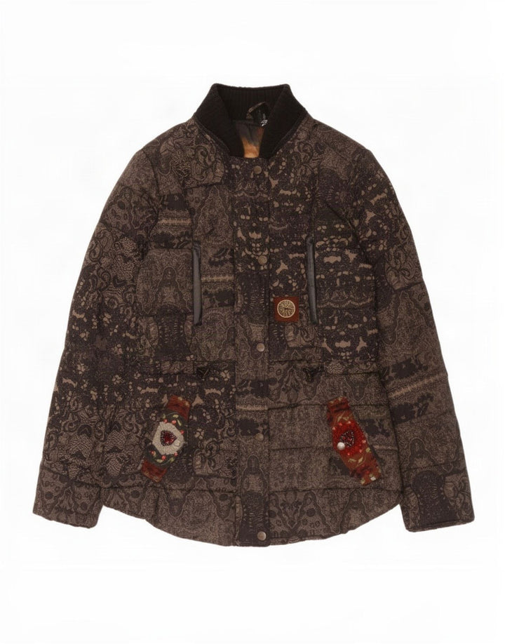 Desigual Womens Graphic Padded Jacket EU 38 Medium Brown Paisley Polyester