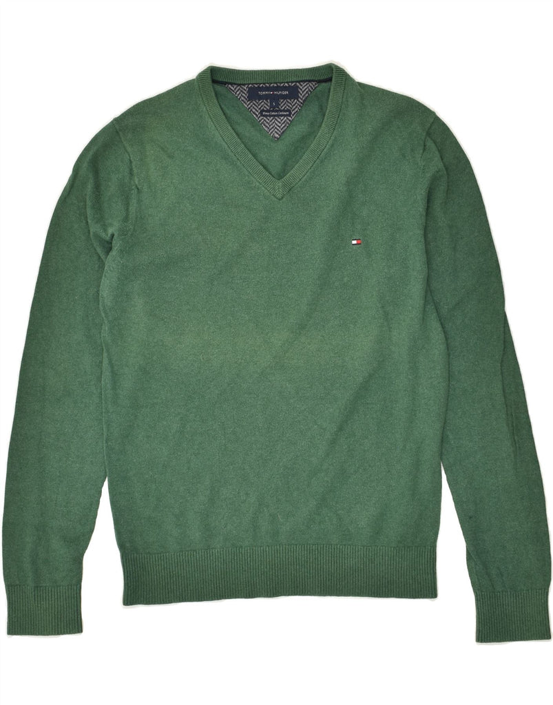 TOMMY HILFIGER Mens V-Neck Jumper Sweater Small Green Cotton | Vintage Tommy Hilfiger | Thrift | Second-Hand Tommy Hilfiger | Used Clothing | Messina Hembry 