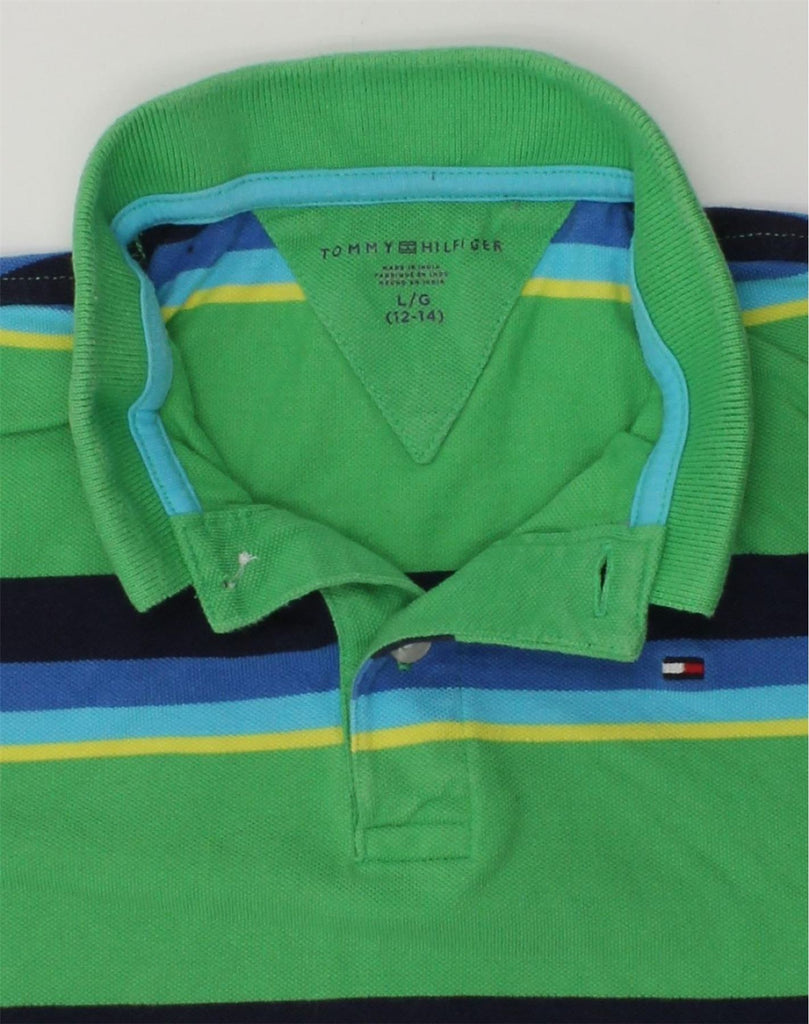 TOMMY HILFIGER Boys Polo Shirt 12-13 Years Large  Green Striped Cotton | Vintage Tommy Hilfiger | Thrift | Second-Hand Tommy Hilfiger | Used Clothing | Messina Hembry 