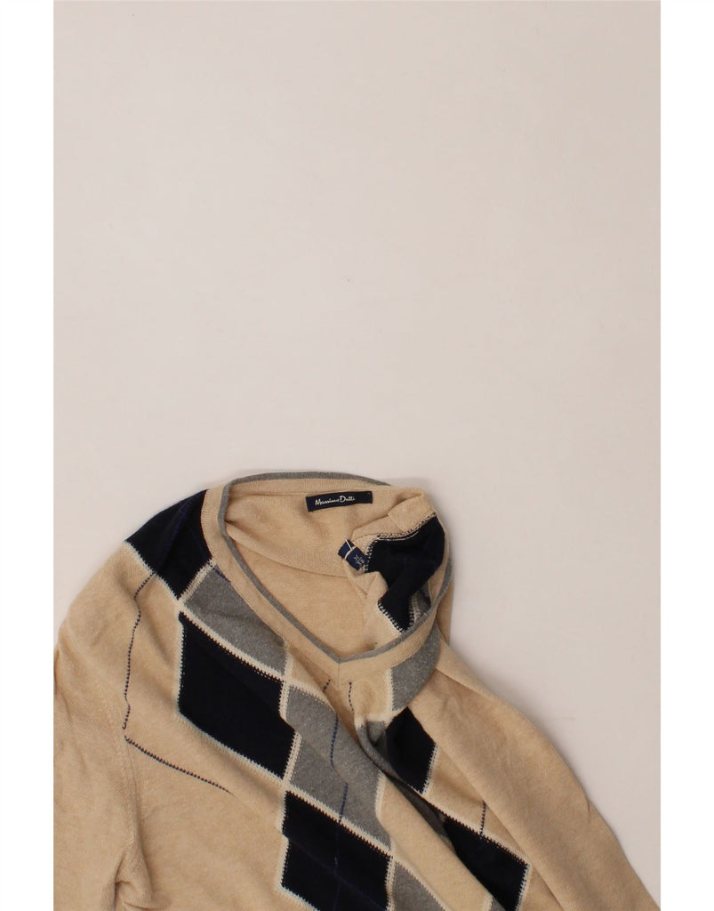 MASSIMO DUTTI Mens V-Neck Jumper Sweater UK 38 Medium Beige Argyle/Diamond Vintage Massimo Dutti and Second-Hand Massimo Dutti from Messina Hembry 
