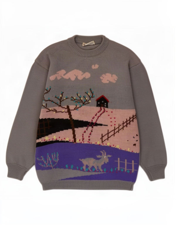 Damart Womens Graphic Crew Neck Jumper Sweater UK 14 Large Grey Wool