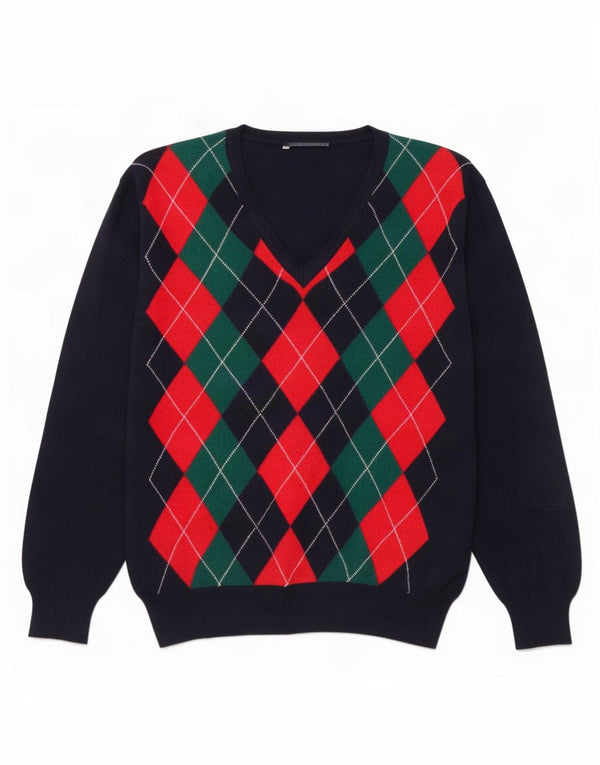 Vintage Mens V-Neck Jumper Sweater Large Navy Blue Argyle/Diamond Wool
