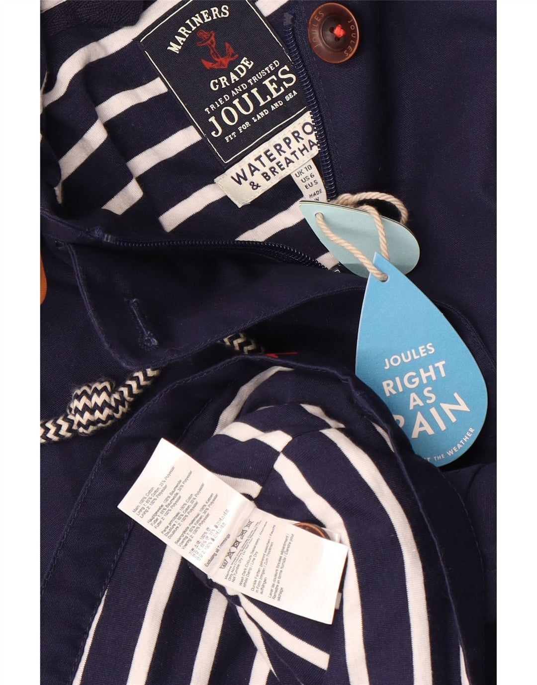 Joules Womens Hooded Oversized Rain Jacket UK 10 Small Navy Blue Cotton