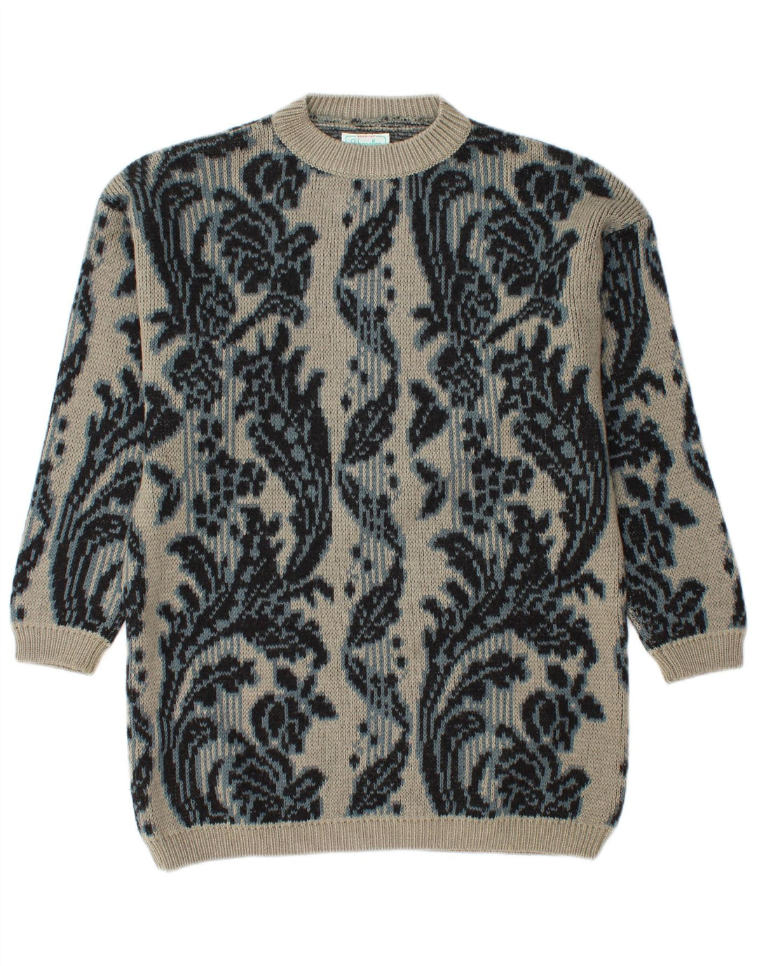 BENETTON Mens Longline Crew Neck Jumper Sweater IT 46 Large Grey Floral