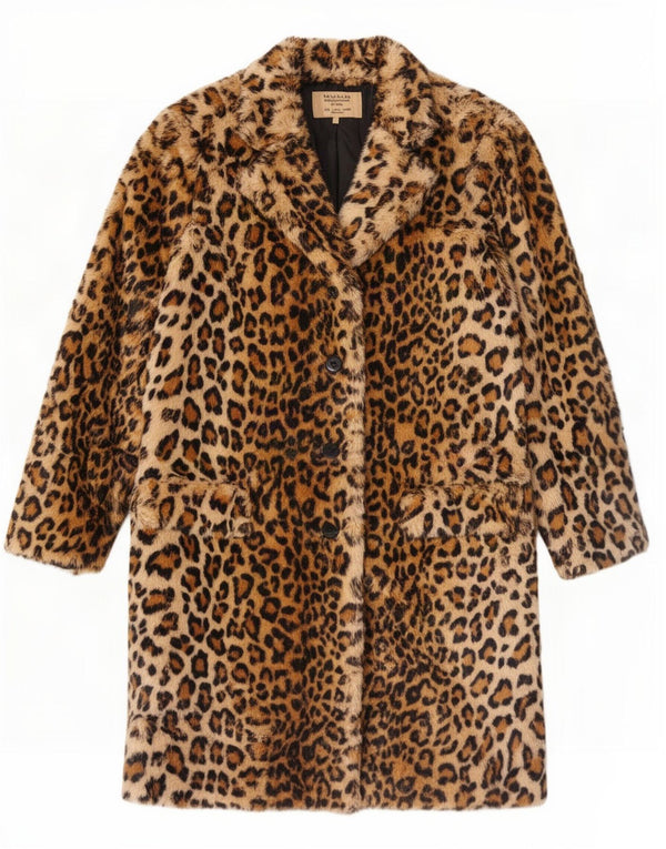 Zara Womens Trafaluc Faux Fur Overcoat UK 16 Large Brown Animal Print