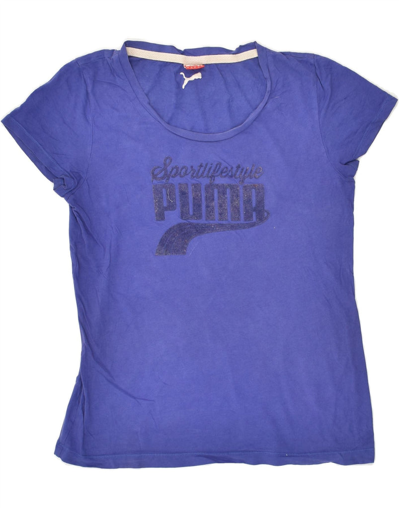 PUMA Womens Graphic T-Shirt Top UK 12 Medium Blue Cotton | Vintage Puma | Thrift | Second-Hand Puma | Used Clothing | Messina Hembry 