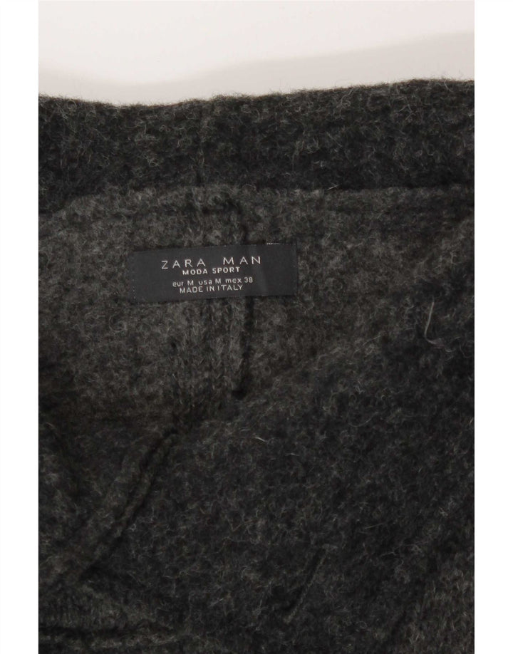 Zara Mens Hooded Double Breasted Windbreaker Coat UK 38 Medium Grey Wool