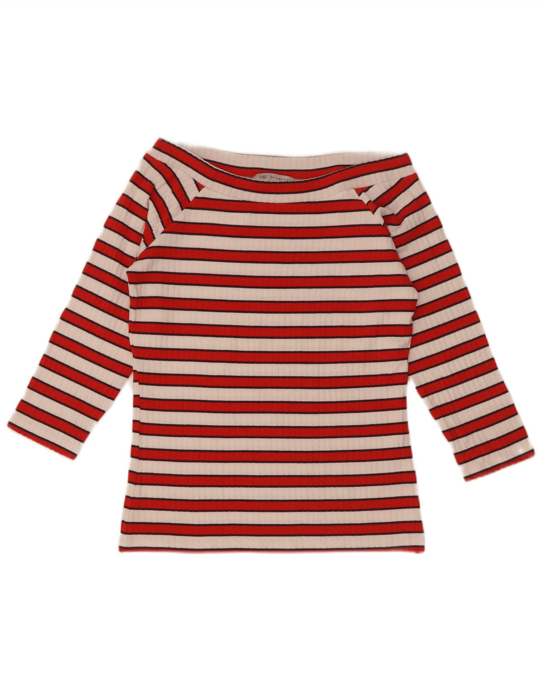 Marks & Spencer Womens Off Shoulder Top 3/4 Sleeve UK 12 Medium Red Striped
