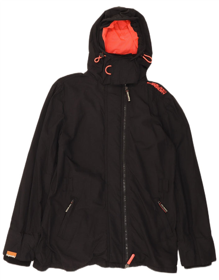 SUPERDRY Womens Windmac Graphic Hooded Rain Jacket UK 16 Large Black Nylon