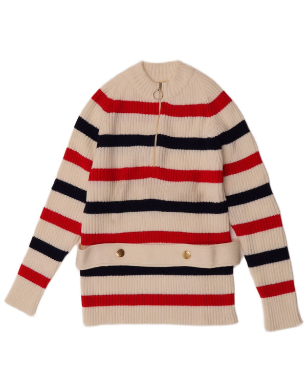 Vintage Womens Zip Neck Jumper Sweater UK 12 Medium White Striped Acrylic