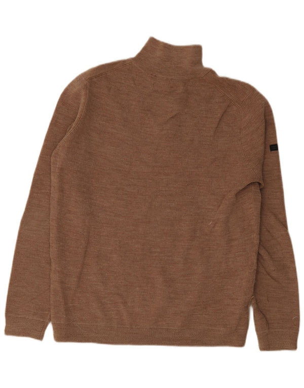 Superdry Mens Zip Neck Jumper Sweater Large Brown Merino Wool