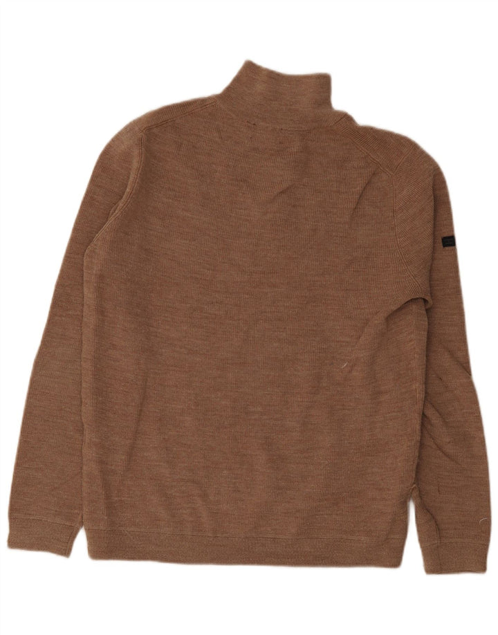 Superdry Mens Zip Neck Jumper Sweater Large Brown Merino Wool
