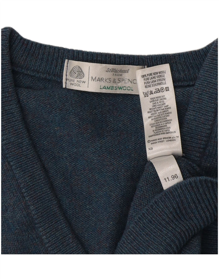 Marks & Spencer Mens V-Neck Jumper Sweater Small Blue Lambswool