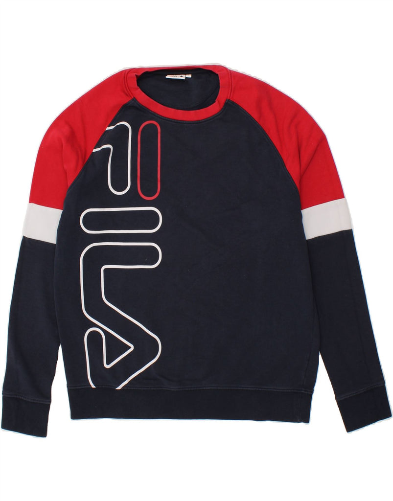 FILA Mens Graphic Sweatshirt Jumper Small Navy Blue Colourblock Cotton Vintage Fila and Second-Hand Fila from Messina Hembry 