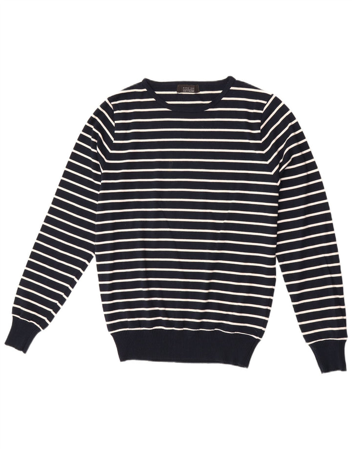 Zara Mens Crew Neck Jumper Sweater Medium Navy Blue Striped Cotton