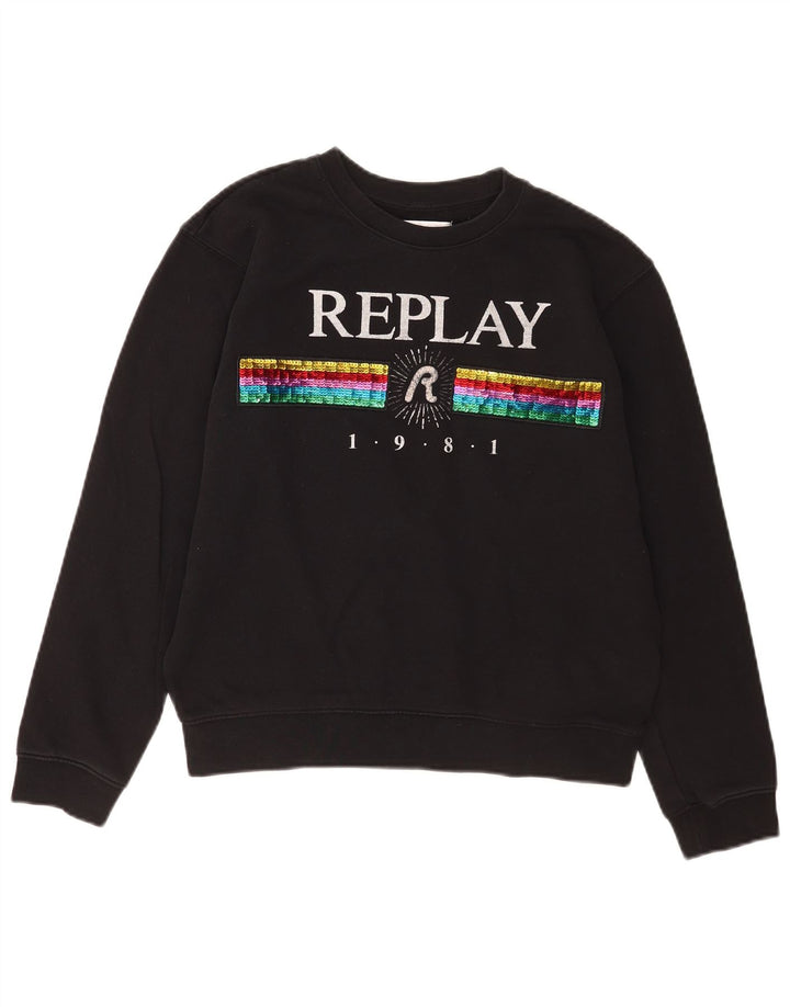 Replay Womens Graphic Oversized Sweatshirt Jumper UK 10 Small Black Cotton