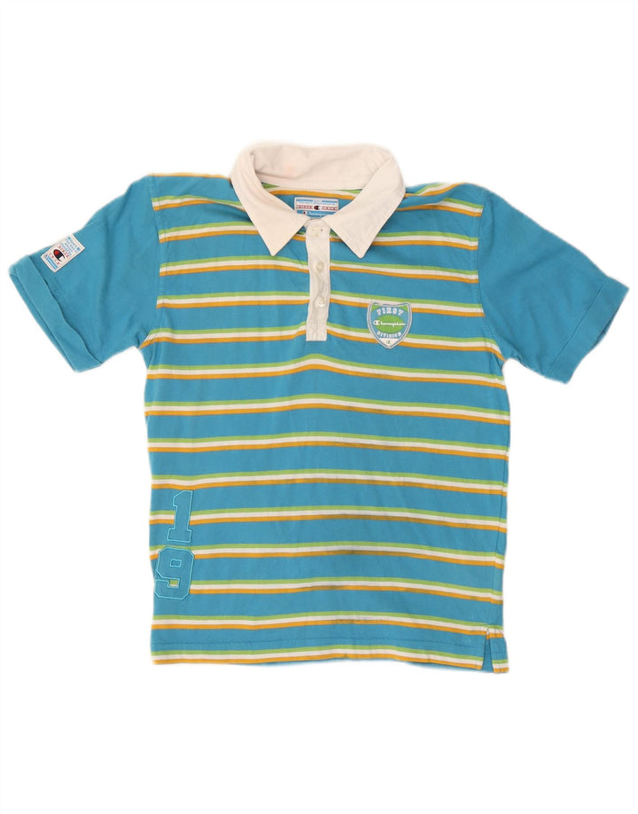 CHAMPION Boys Graphic Polo Shirt 9-10 Years Medium Blue Striped Cotton