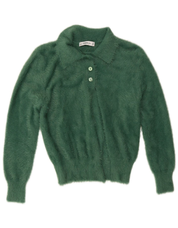 Zara Womens Crop Polo Neck Jumper Sweater UK 12 Medium Green Nylon