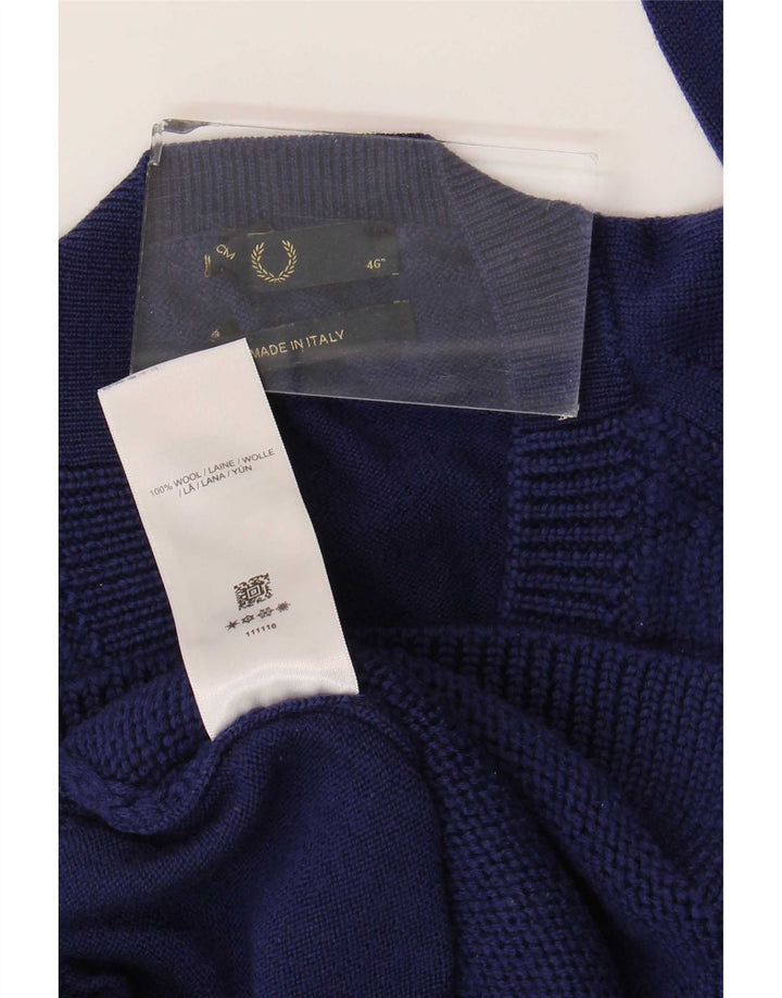 Fred Perry Mens V-Neck Jumper Sweater Large Navy Blue Wool