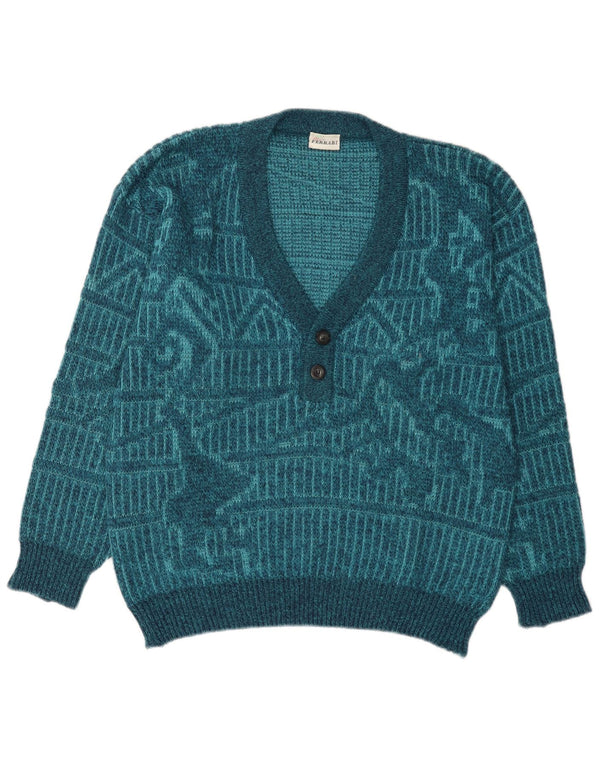 Ferrari Mens Abstract Pattern V-Neck Jumper Sweater Medium Blue Geometric