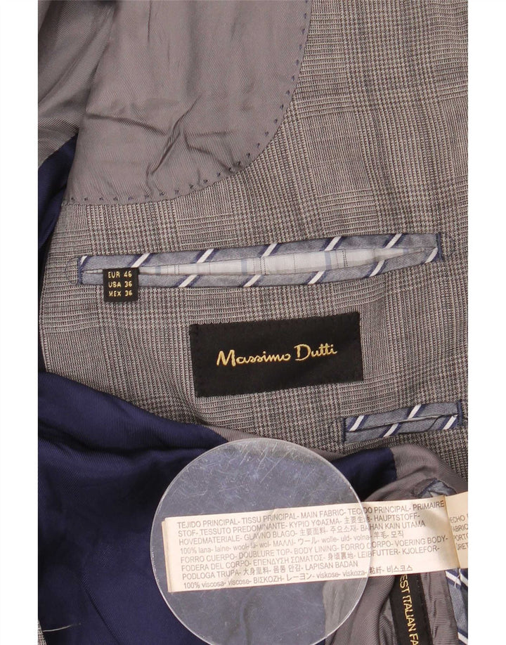 Massimo Dutti Mens 2 Button Blazer Jacket EU 46 Small Grey Houndstooth Wool