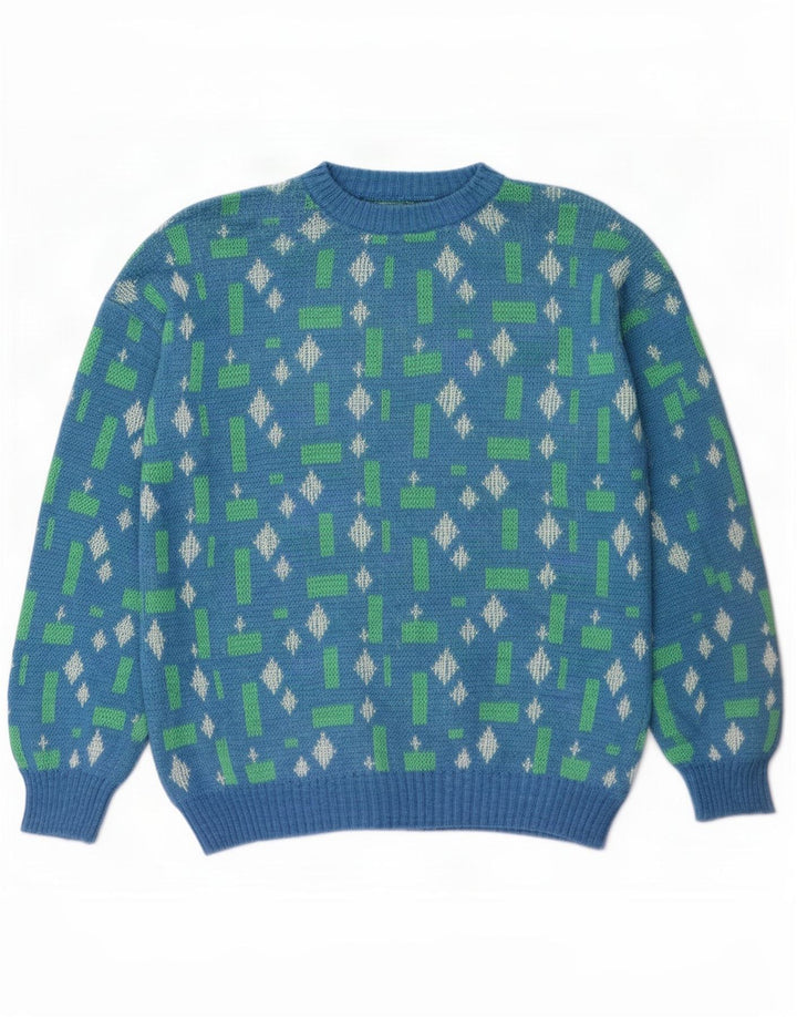 Vintage Mens Crew Neck Jumper Sweater Large Blue Geometric