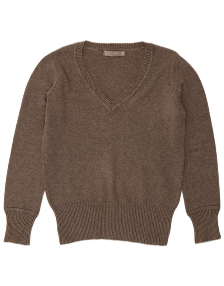 Zara Womens V-Neck Jumper Sweater UK 14 Medium Brown