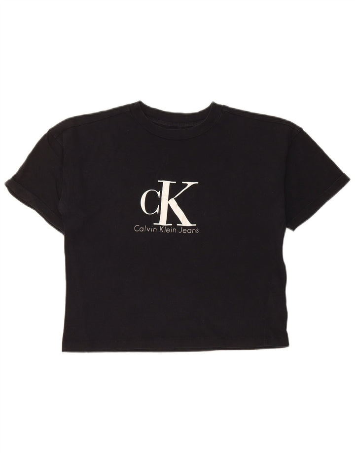 CALVIN KLEIN JEANS Womens Crop Graphic T-Shirt Top UK 6 XS Black Cotton