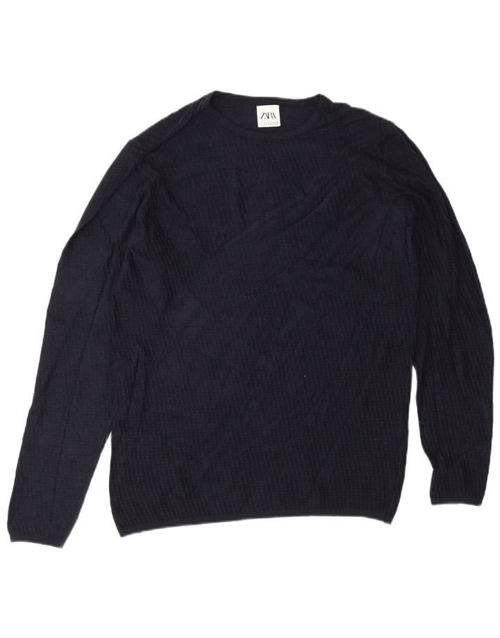Zara Mens Crew Neck Jumper Sweater Medium Navy Blue Viscose