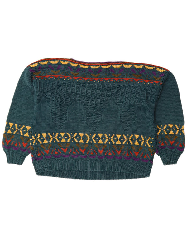 Vintage Womens Crop Boat Neck Jumper Sweater UK 18 XL Green Fair Isle