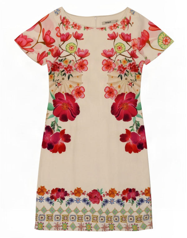 Desigual Womens Sheath Dress EU 36 Small White Floral Cotton