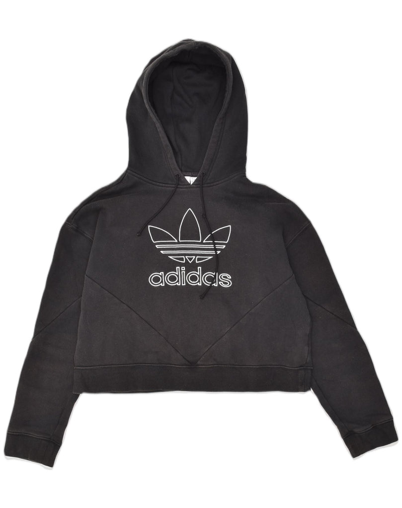 ADIDAS Womens Crop Graphic Hoodie Jumper UK 12 Medium Black Cotton | Vintage Adidas | Thrift | Second-Hand Adidas | Used Clothing | Messina Hembry 