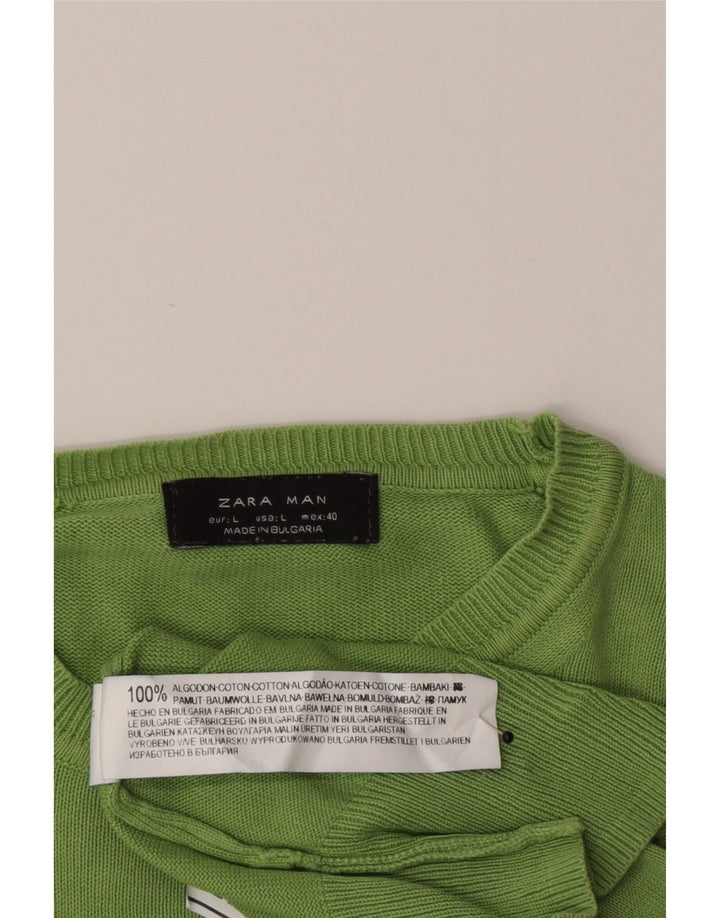 Zara Mens Crew Neck Jumper Sweater Large Green Cotton