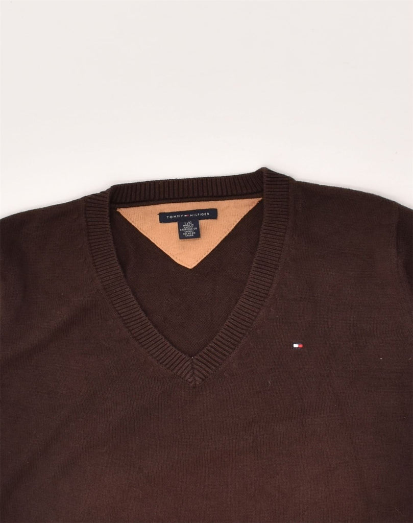 TOMMY HILFIGER Womens V-Neck Jumper Sweater UK 14 Large Brown Cotton | Vintage Tommy Hilfiger | Thrift | Second-Hand Tommy Hilfiger | Used Clothing | Messina Hembry 