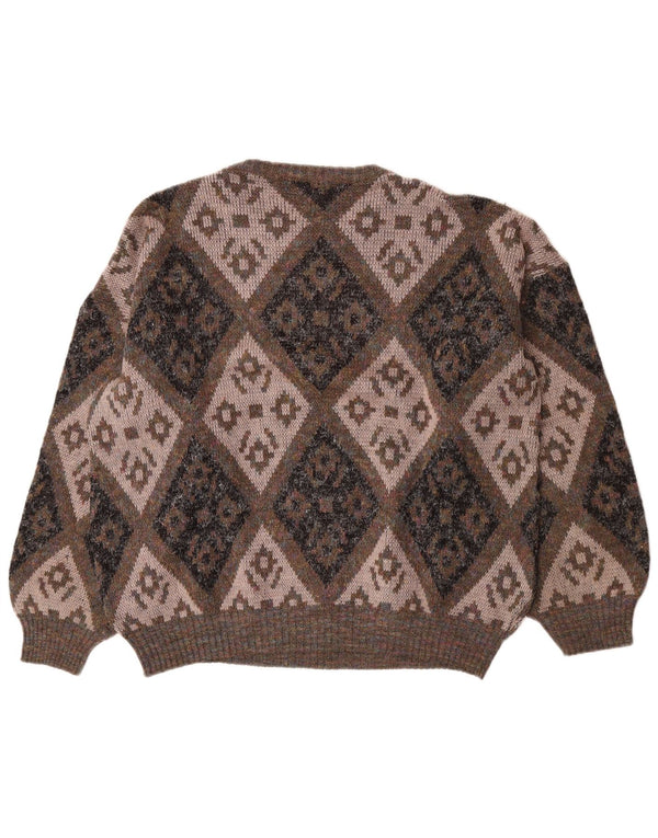 Vintage Womens Boat Neck Jumper Sweater UK 16 Large Brown Argyle/Diamond