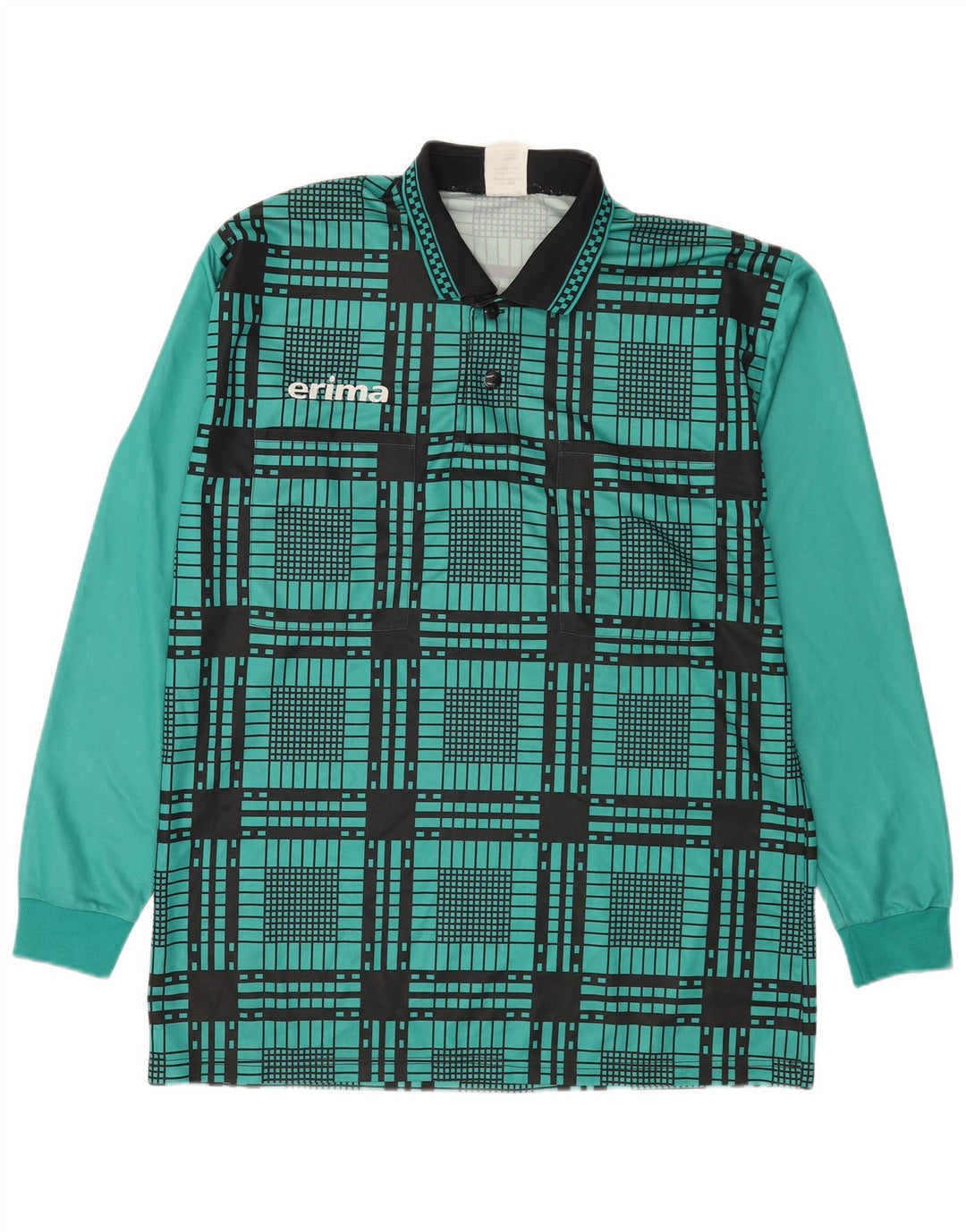 Erima Mens Long Sleeve Polo Shirt XL Green Plaid Polyester