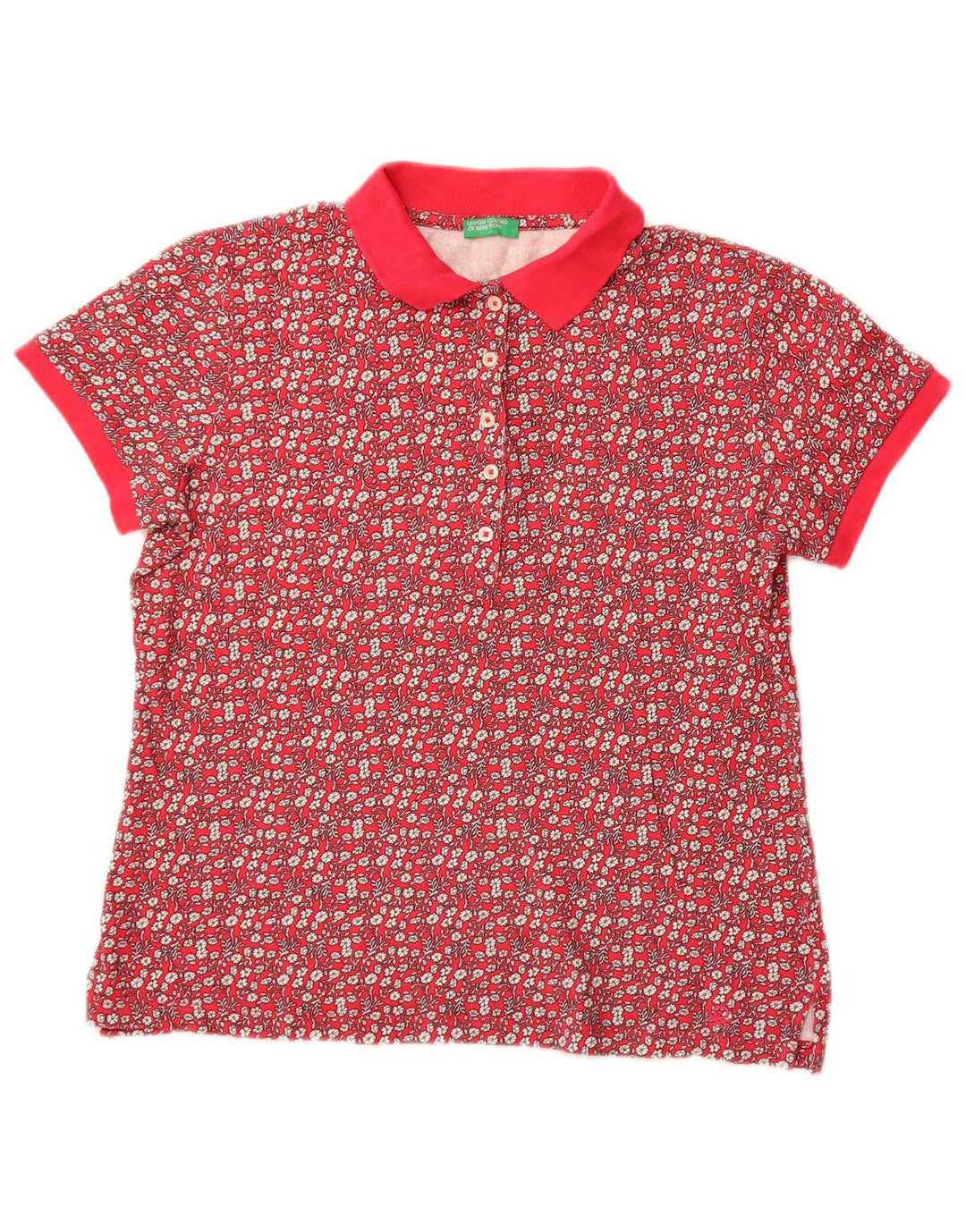 Benetton Womens Polo Shirt UK 14 Medium Pink Floral Cotton