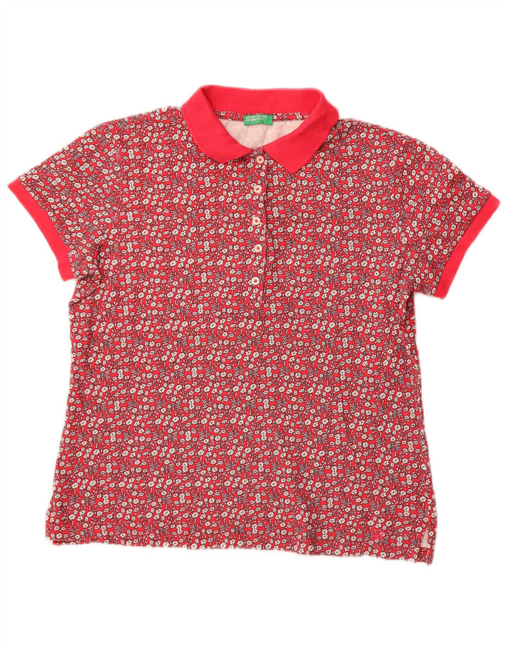 Benetton Womens Polo Shirt UK 14 Medium Pink Floral Cotton