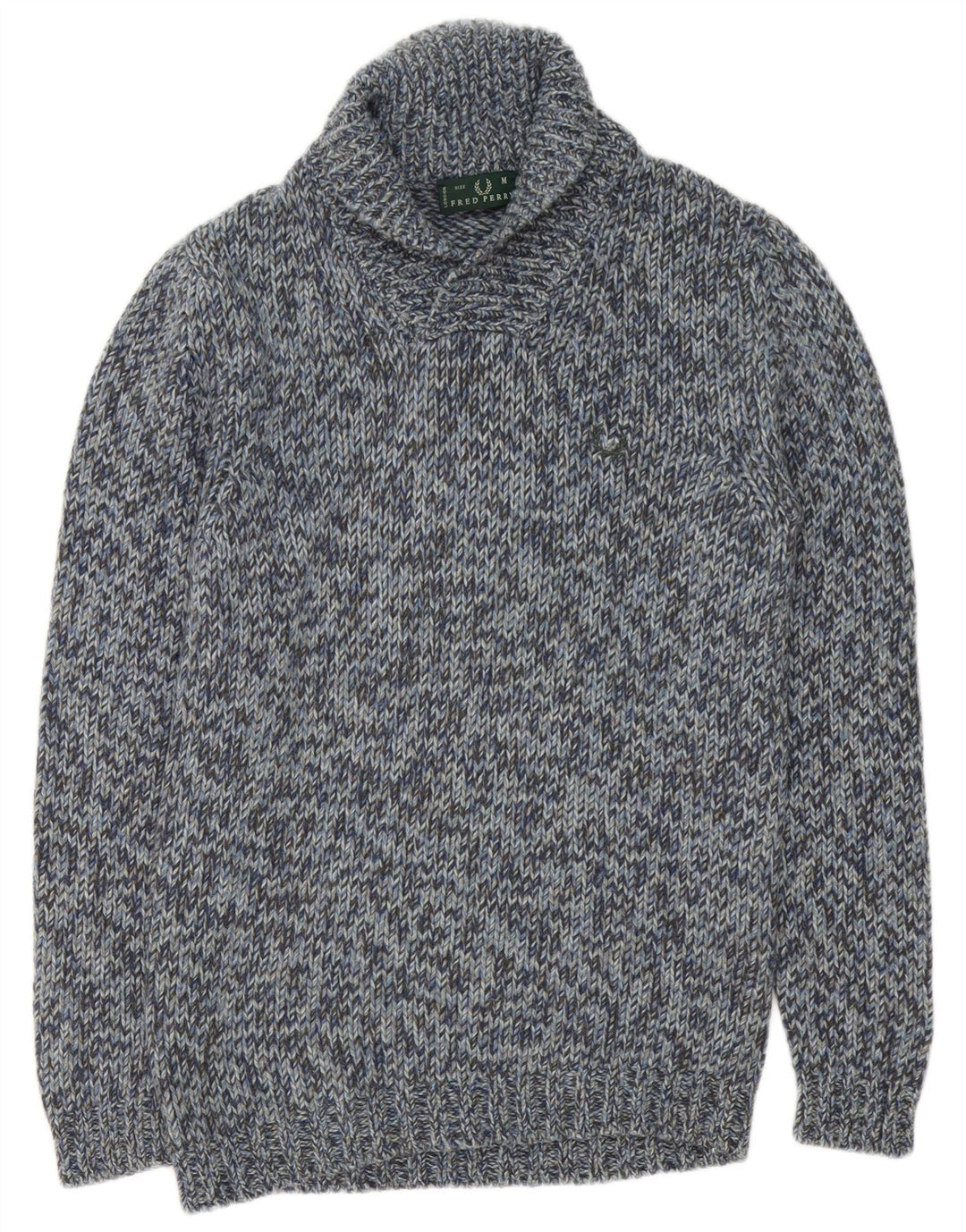 Fred Perry Mens Shawl Neck Jumper Sweater Medium Blue Flecked Wool